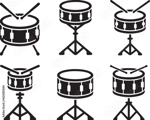 Black drum silhouettes with sticks and stands music percussion