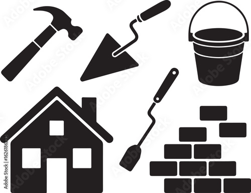 Black silhouette of construction tools and house hammer trowel