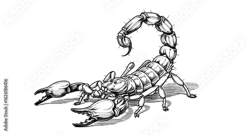 Illustration of a detailed scorpion with its tail curved upward, pincers open and ready.