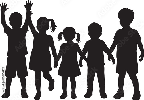 Children holding hands and raising arms silhouette