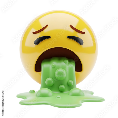 3d rendering cartoon plastic style icon sick emoji with green vomit, isolated on transparent background 3d icon