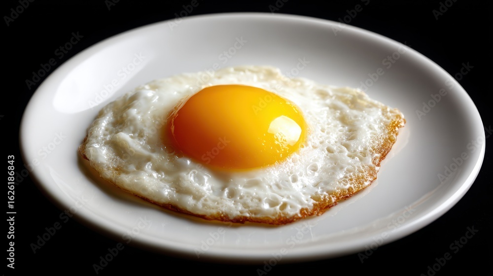 A single fried egg on a white plate with a golden yolk, isolated on a black background with dramatic lighting. A single fried egg on a white plate with a golden yolk, isolated on a black background with dramatic lighting.