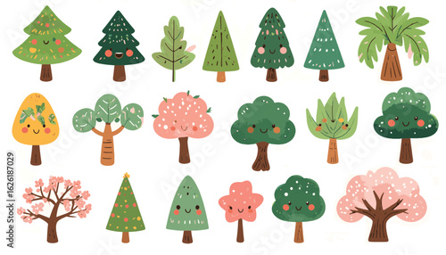 Variety of Trees: A vibrant collection showcasing a variety of trees, from evergreens to deciduous varieties, with each illustration displaying the unique form and texture of its foliage.