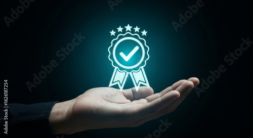 Person holding a glowing award emblem with a checkmark inside