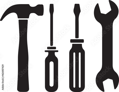 Hammer screwdrivers wrench silhouette tools black