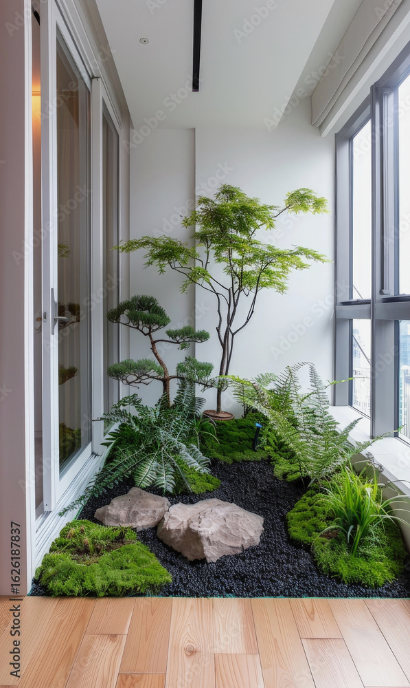 Naklejka premium Modern indoor zen garden with bonsai trees, rocks, and moss, blending natural tranquility with contemporary architecture in a bright apartment corner.