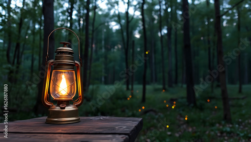A lantern illuminating a mysterious forest at twilight. The warm light of the lantern contrasts beautifully with the dark, dense forest background