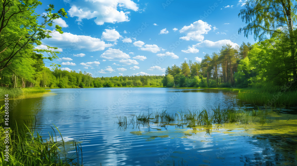 Obraz premium Clean lake in green spring summer forest. Clean tranquil lake in green spring summer forest. Blue sunny sky