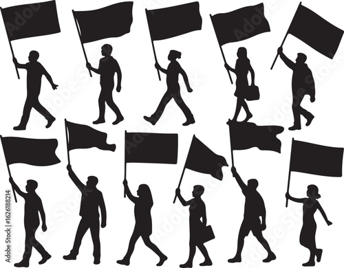 Silhouettes of people holding flags marching protest