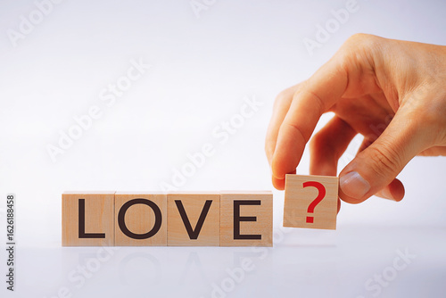 Wooden cubes with the letters LOVE, the hand puts a cube with a red question mark. The concept of relationships, love, friendship, psychology.
