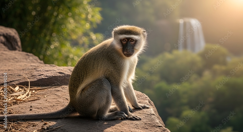 Obraz premium A wild green monkey perched on a rocky cliff, looking at the camera with a scenic waterfall and lush jungle in the background during a golden sunrise.