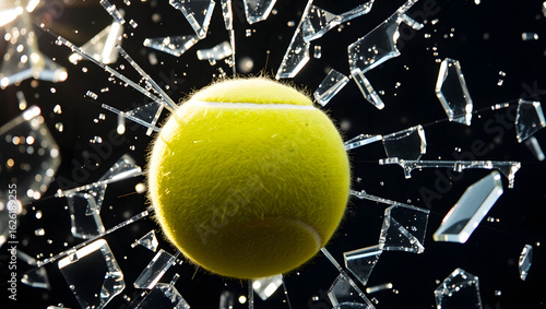 A tennis ball shattering a glass pane with dramatic effect. The central focus is the vibrant yellow tennis ball, encircled by fragments of broken glass, creating a dynamic and powerful image