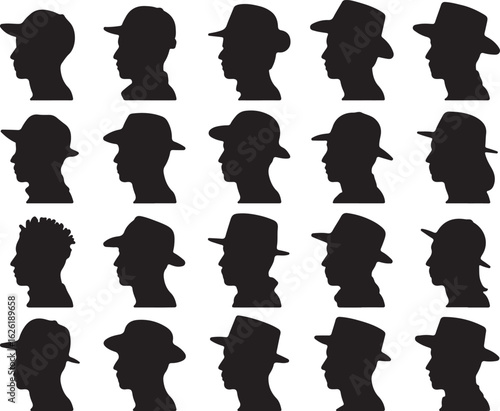 Diverse male profiles wearing various hats silhouette caps