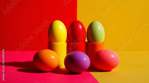Painted wooden eggs in bold pastel colors arranged on yellow background for festive modern composition