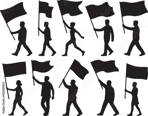 Figures holding flags in silhouette person banner