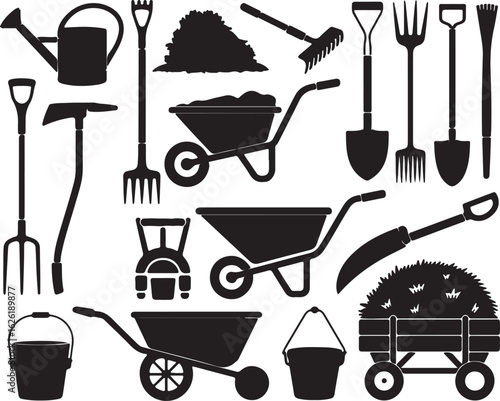Garden tools and equipment silhouette collection watering