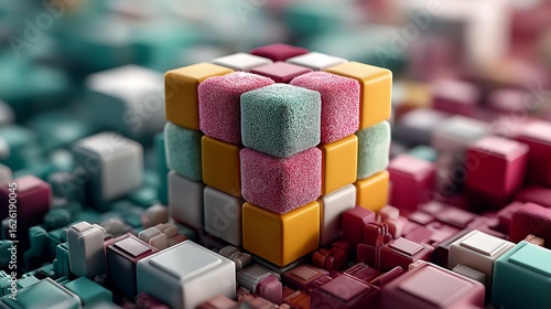Pastel Pink Geometric Cube Composition - Soft 3D Abstract Blocks in Colorful Gradient - Cinema 4D & Octane Render of Playful Matte Shapes
