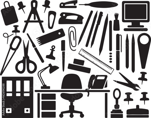 Office supplies and desk accessories silhouette computer