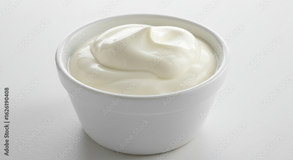 Creamy Delight: A Bowl of Smooth, White Yogurt on a Clean Surface, Ready to Eat. Creamy Delight: A Bowl of Smooth, White Yogurt on a Clean Surface, Ready to Eat.