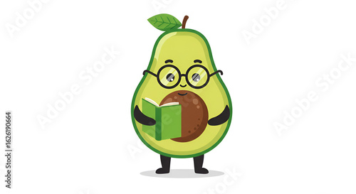 Smiling Avocado Cartoon Character Wearing Glasses Reading Green Book