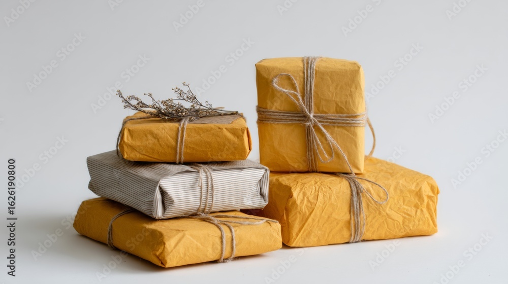 Obraz premium Parcel stack wrapped in yellow and grey paper string tied packaging on neutral background postal service