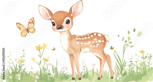 Adorable fawn with delicate butterfly in a whimsical meadow with wildflowers and soft green grass