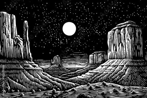 Nighttime view of Monument Valley with buttes and desert moon, black and white line art illustration