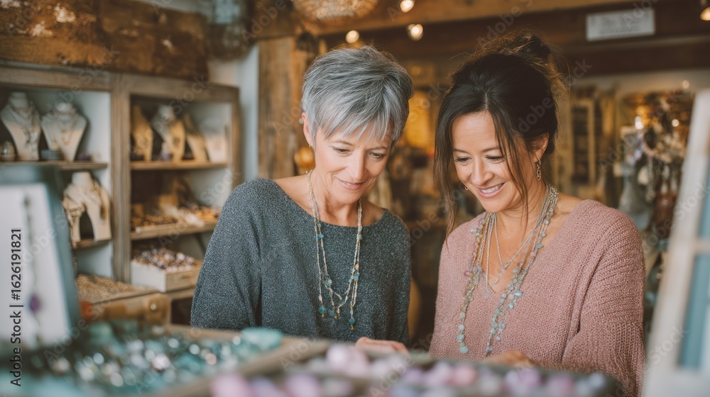Fototapeta premium seller helping customer try on pastel gemstone necklace in cozy setting