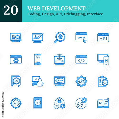 Web Development Blue Fill Outline Icon Sheet Vector Design - representing web coding, responsive design, API integration, debugging, UX/UI tools, and software deployment
