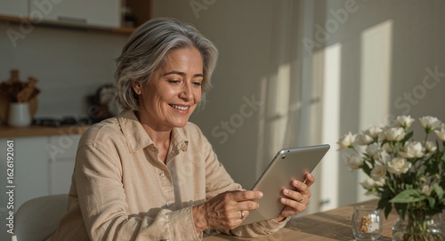 Smiling woman using tablet device in bright kitchen area