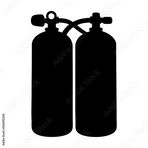 Black Silhouette of Twin Scuba Diving Tanks with Regulator Valves