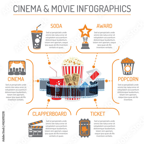 Cinema and movie infographics with colored line and flat