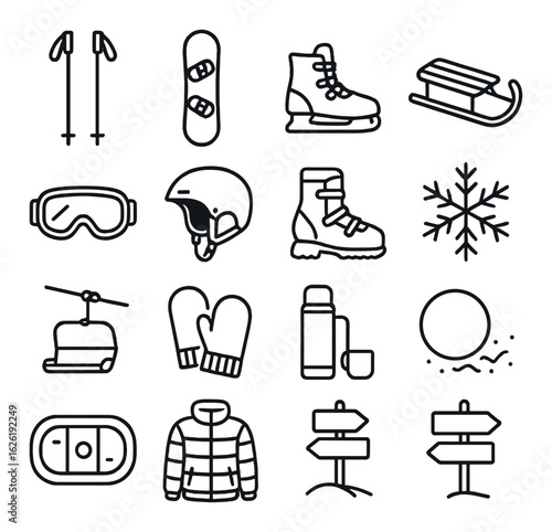 Winter sports equipment icons set featuring ski, snowboard, ice skates, sled, helmet, goggles, jacket, and hot drink