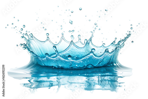 Blue water splash with bubbles on white background showing fresh and clear motion