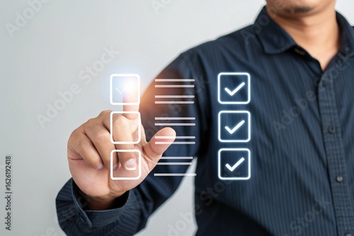 Businessman using laptop with virtual user guide icon for business service. User manual guide, Online instruction manual and strategy advice.