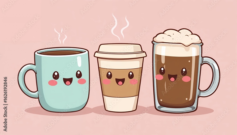 Obraz premium Happy Cartoon Coffee Cup Trio with Cute Kawaii Faces on a Pink Background