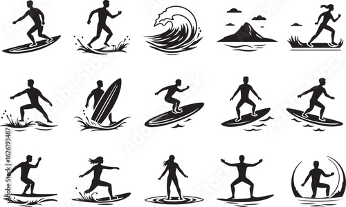 Dynamic surfers carve waves, enjoying exhilarating ocean adventure and coastal lifestyle