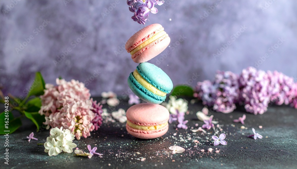 Obraz premium Floating Macarons in Pastel Colors Bursting with Ganache, Surrounded by Edible Flowers
