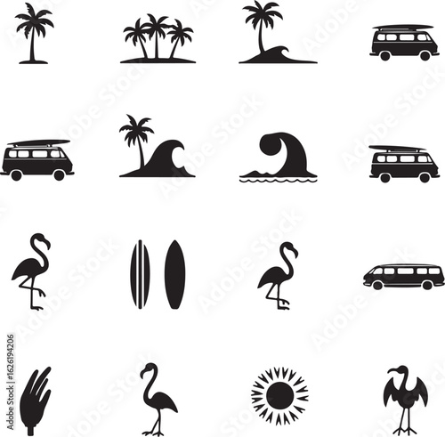 Vibrant summer icons palm trees surfboards campers flamingos waves sun