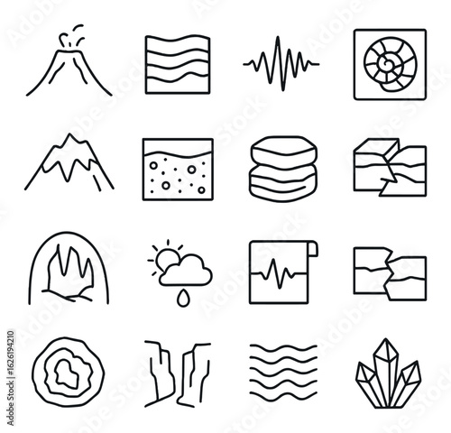 Geology linear icon set. containing volcano, earthquake, mountain, crystal, fossil, waves, weather, and more.