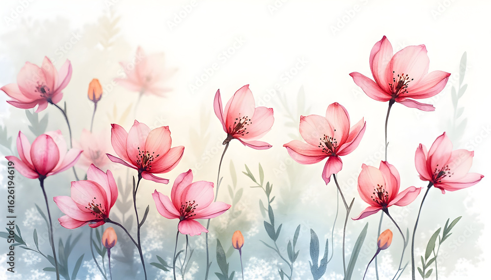 Naklejka premium Elegant Pink Flowers Watercolor Painting with Soft Floral Border