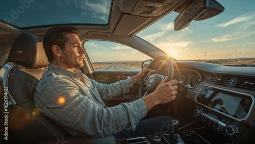 Wallpaper Mural Man driving car on road during sunset interior view shot Torontodigital.ca
