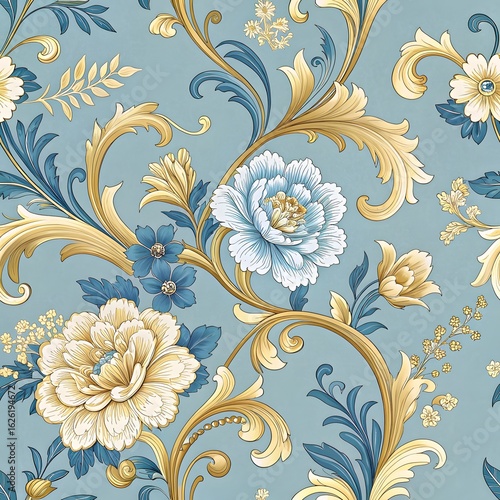 Vintage floral wallpaper with blue flowers and golden vines










