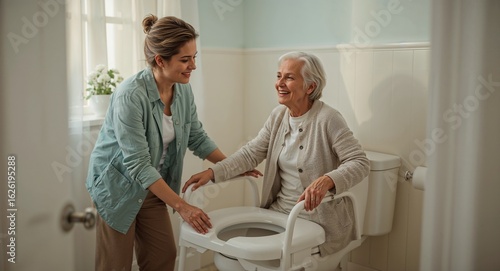 Woman assisting senior woman on elevated toilet seat