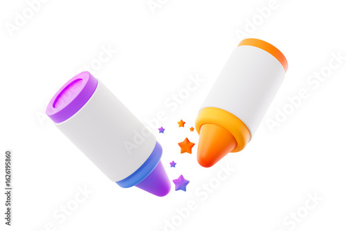 Purple and yellow wax cartoon crayons for drawing on white background. 3d rendering
