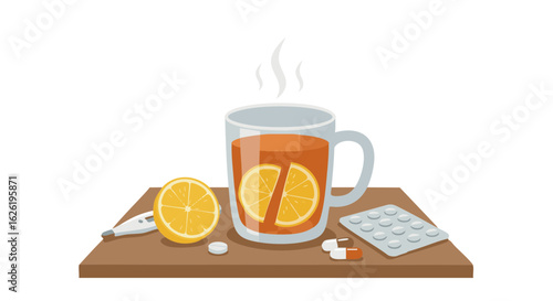 Hot tea with lemon, thermometer and pills for cold relief