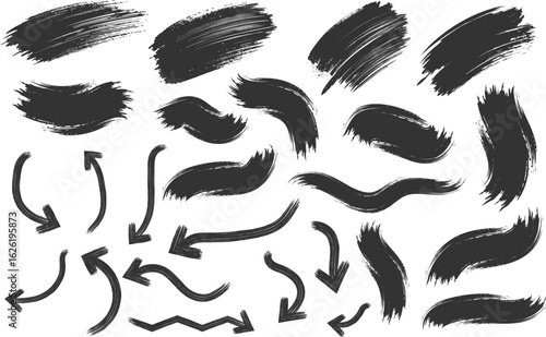 Set of Vector paint bold brush strokes in dirty style. Isolated black ink stencils for graphic design, text fields. Artistic texture of ink brush strokes, splatter stains, callout. Paintbrush, stroke 