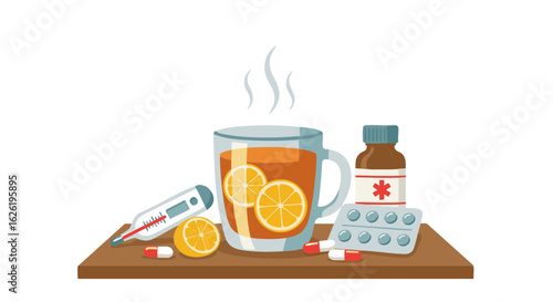 Hot tea with lemon, thermometer and pills for cold relief