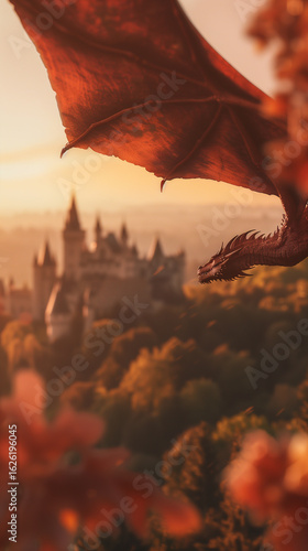 The dragon flies over the castle.