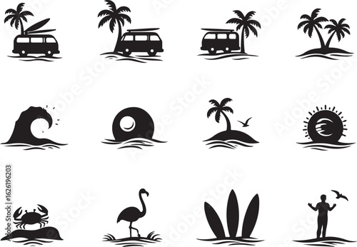Vibrant summer beach icons capture carefree vacation vibes and tropical adventure
